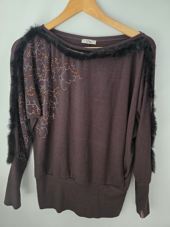 sng Sweaters - SNG Brown Embellished Faux Fur Trim Dolman Sweater Top Size S/M
